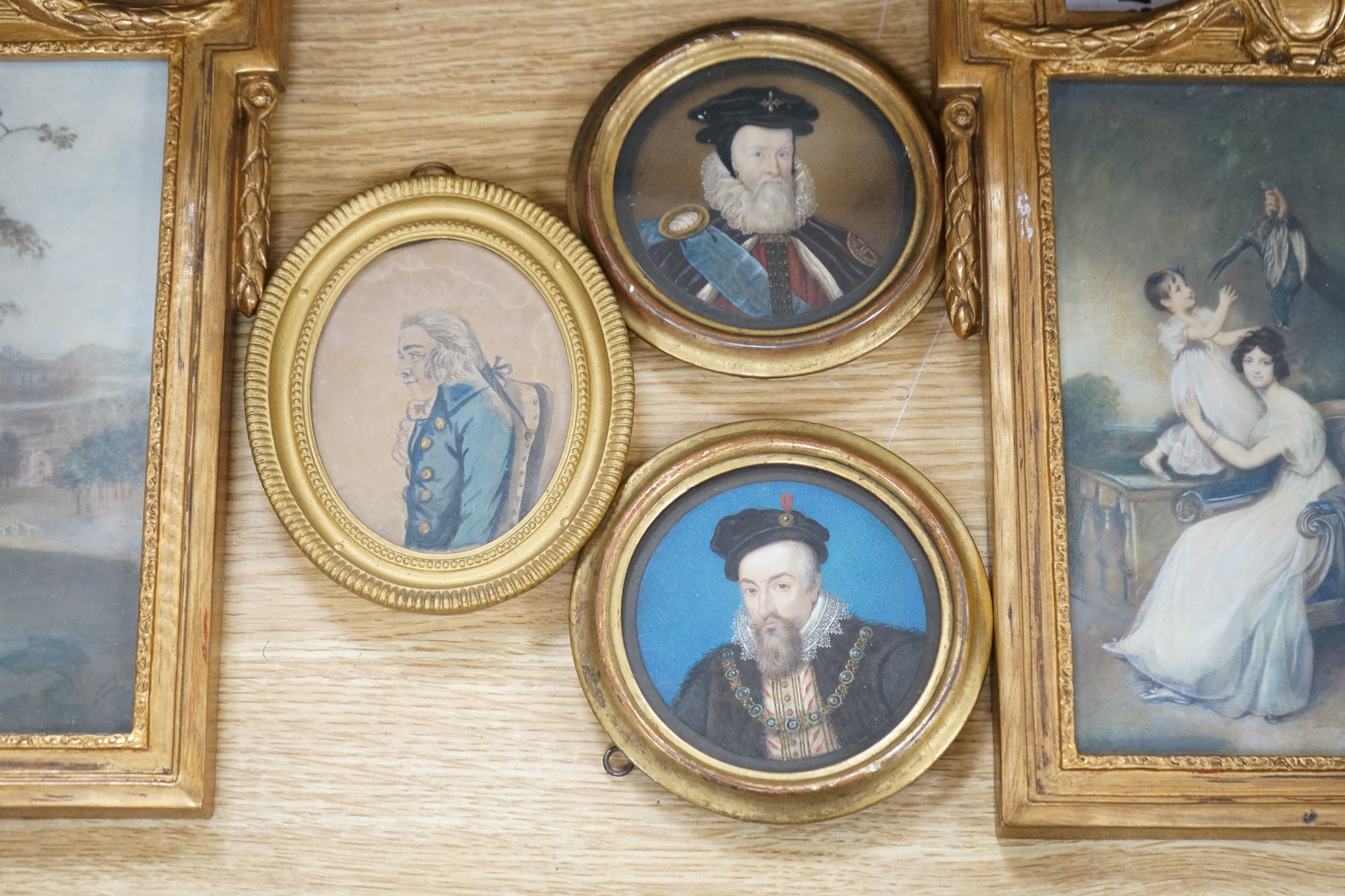 English School c.1900, pair of watercolour on card miniatures, Portraits of Robert Dudley, Earl of Leicester and Lord Burghley, an early 19th century watercolour, miniature of a Georgian gentleman and two gilt framed pri
